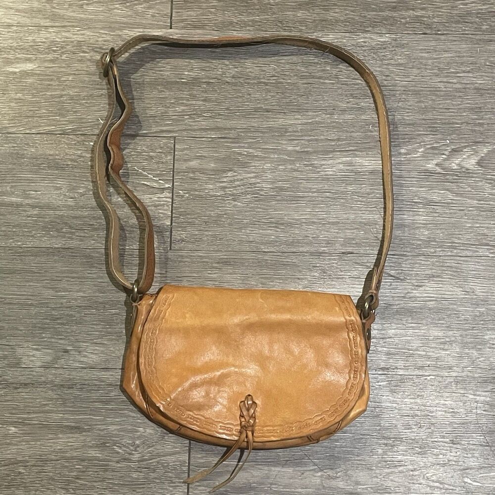 Lucky Brand Cognac Brown Crossbody Saddle Bag Cowhide Leather Hobo Boho